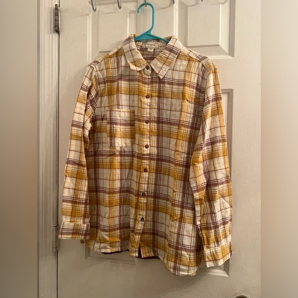 Size large yellow brown plaid world tour rock fest guitar button up down shirt